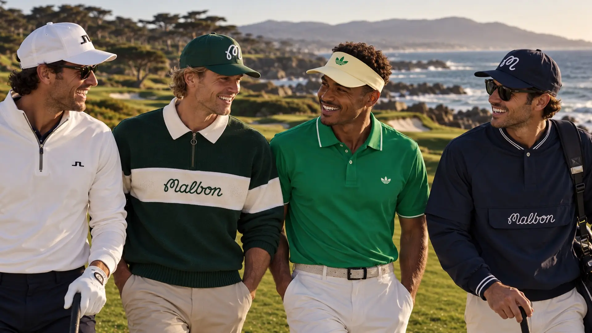Four golfers walking together along a coastal links course