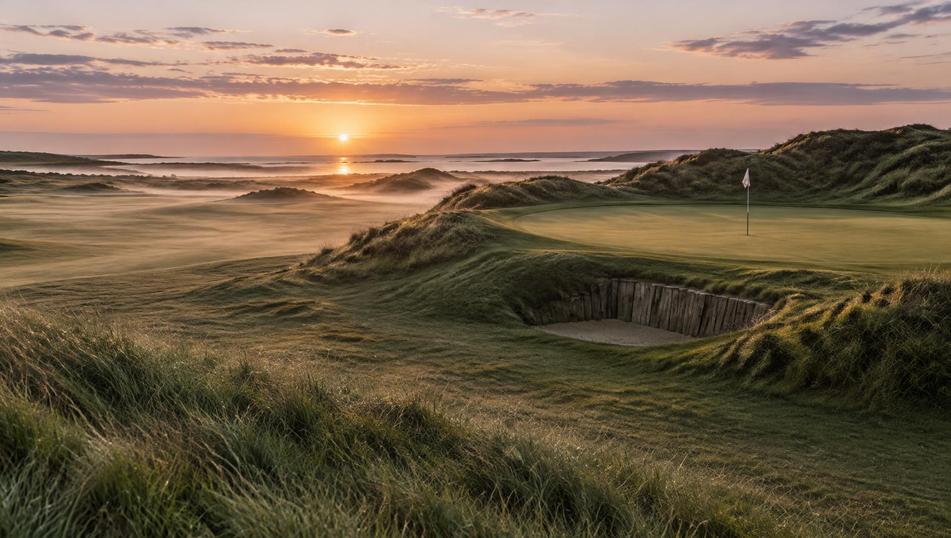 A links golf course at first light, a single flagstick on the green with sea mist over the dunes